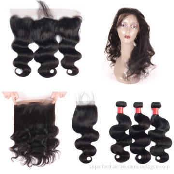 8a Grade 360 Lace Frontal Closure With Bundles Brazilian Virgin Hair Body Wave Natural Color 100%  Remy Human Hair
